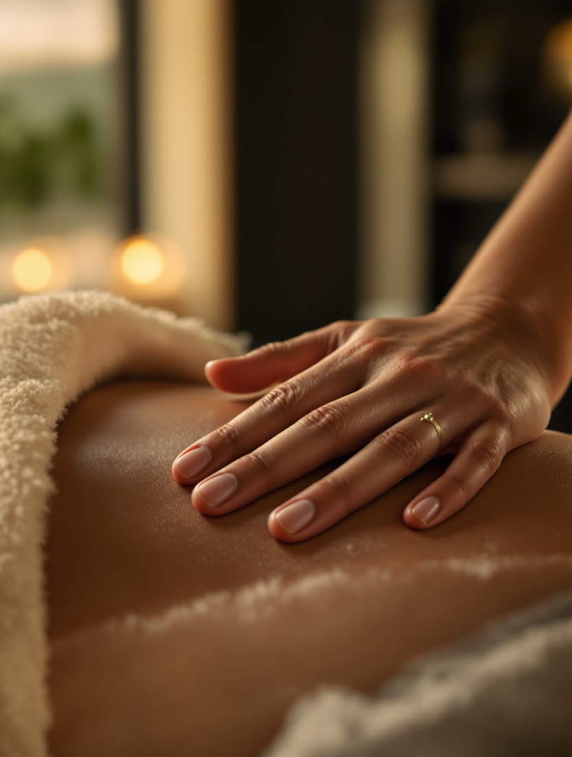 A therapist&rsquo;s hands resting on a client&rsquo;s shoulder during a massage